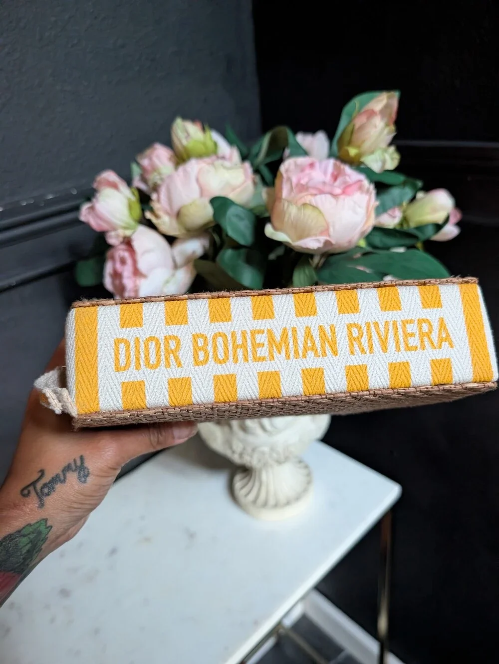Christian Dior Yellow/White Bohemian Riviera Rattan Canvas clutch 6.25